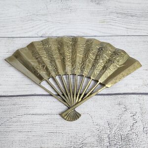Vtg MCM Brass Home Decor Japanese Chinese Asian Fan Design Bird Pheonix Dragon